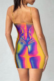 Blue Sexy Street Party Print Backless Spaghetti Strap One Step Skirt Dresses
