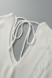 White Sexy Solid Tassel Hollowed Out Patchwork Draw String Frenulum V Neck Long Sleeve Two Pieces
