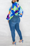 Rose Red Casual Print Bandage Patchwork Turndown Collar Tops