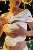 White Sexy Sweet Street Elegant Solid Hollowed Out Fold Off the Shoulder High Waist Tops(Without  Waist chain)