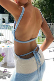 Blue Sexy Sweet Celebrities Striped Hollowed Out Strap Design U Neck One Step Skirt Dresses