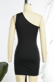 Black Sexy Solid Hollowed Out Oblique Collar Sleeveless Dress Dresses