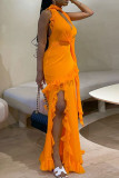 Tangerine Red Sexy Solid Patchwork Backless Stringy Selvedge Halter Long Dress Dresses