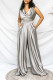 Grey Casual Solid Patchwork Backless V Neck Straight Jumpsuits