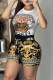 Black Casual Character Print Letter O Neck Short Sleeve Two Pieces