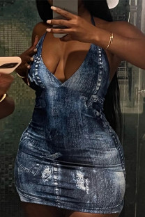 Blue Sexy Street Print Frenulum Slit Halter One Step Skirt Dresses