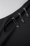 Black Sexy Solid Hollowed Out Oblique Collar Sleeveless Dress Dresses