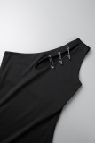 Black Sexy Solid Hollowed Out Oblique Collar Sleeveless Dress Dresses