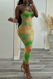 Apricot Sexy Casual Print Backless Spaghetti Strap Long Dress Dresses