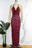 Red Sexy Print Backless Slit Spaghetti Strap Long Dress Dresses