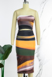 Brown Sexy Print Backless Strapless Sleeveless Two Pieces