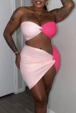 Pink Sexy Solid Patchwork Backless Contrast Strapless Sleeveless Two Pieces