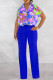 Colorful Blue Casual Print Patchwork Buckle Turndown Collar Short Sleeve Two Pieces
