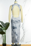 Grey Casual Print Backless Half A Turtleneck Long Dress Dresses