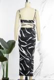 Black Sexy Print Hollowed Out Frenulum Backless Spaghetti Strap Sleeveless Two Pieces