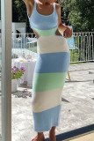 Blue Sexy Sweet Celebrities Striped Hollowed Out Strap Design U Neck One Step Skirt Dresses