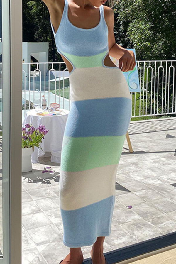 Blue Sexy Sweet Celebrities Striped Hollowed Out Strap Design U Neck One Step Skirt Dresses