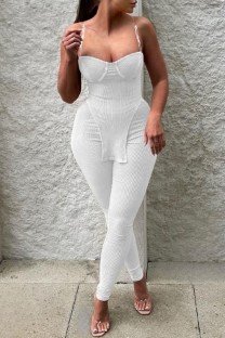 White Sexy Solid Backless Asymmetrical Spaghetti Strap Sleeveless Two Pieces