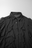 Black Casual Solid Patchwork Asymmetrical Turndown Collar Shirt Dress Dresses