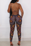 Colour Sexy Street Sportswear Print Solid Hollowed Out Strap Design Spaghetti Strap Skinny Jumpsuits