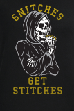 Black Street Daily Print Skull Patchwork Letter O Neck T-Shirts