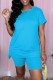 Sky Blue Casual Solid Slit O Neck Short Sleeve Two Pieces