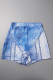 Blue Casual Street Print Bandage Patchwork Asymmetrical O Neck Sleeveless Two Pieces