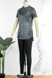 Dark Gray Casual Print Basic O Neck Short Sleeve Two Pieces