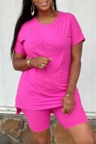 Rose Red Casual Solid Slit O Neck Short Sleeve Two Pieces