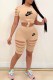 Khaki Casual Print Ripped Letter O Neck Short Sleeve Two Pieces