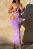 Purple Sexy Solid Hollowed Out Backless U Neck Strapless Dress Dresses