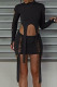 Black Sexy Street Punk Solid Tassel Hollowed Out O Neck Long Sleeve Two Pieces