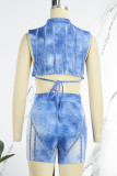 Blue Casual Street Print Bandage Patchwork Asymmetrical O Neck Sleeveless Two Pieces