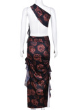 Black Sexy Casual Street College Print Tassel Mesh Oblique Collar Irregular Dress Dresses