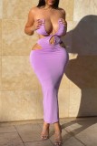 Purple Sexy Solid Hollowed Out Backless U Neck Strapless Dress Dresses
