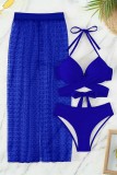 Royal Blue Sexy Solid Hollowed Out Patchwork See-through Backless Swimsuit Three Piece Set (With Paddings)