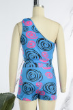 Peacock Blue Sexy Print Patchwork Oblique Collar Sleeveless Two Pieces