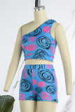 Peacock Blue Sexy Print Patchwork Oblique Collar Sleeveless Two Pieces
