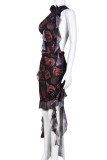 Black Sexy Casual Street College Print Tassel Mesh Oblique Collar Irregular Dress Dresses