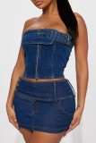 Deep Blue Sexy Casual Solid Patchwork Backless Strapless Sleeveless Two Pieces