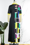 Black Casual Geometric Print Patchwork Buckle Slit Mandarin Collar Shirt Dress Dresses
