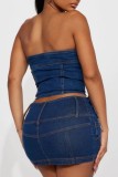 Deep Blue Sexy Casual Solid Patchwork Backless Strapless Sleeveless Two Pieces