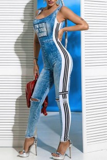 Blue Sexy Casual Print Patchwork U Neck Skinny Jumpsuits