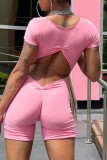 Pink Casual Solid Hollowed Out V Neck Skinny Romper