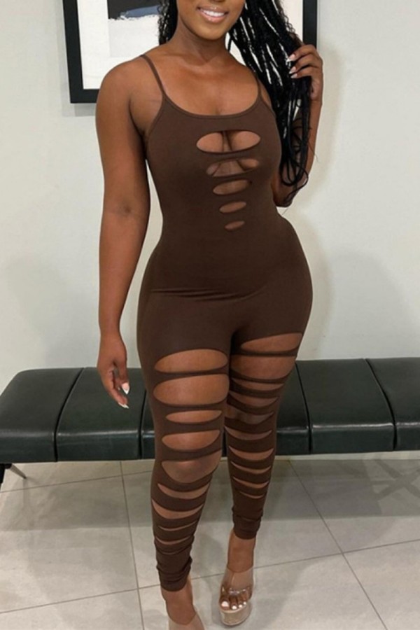 Coffee Sexy Casual Solid Hollowed Out U Neck Skinny Jumpsuits