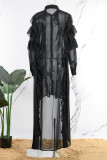 Black Casual Solid Patchwork Asymmetrical Turndown Collar Shirt Dress Dresses