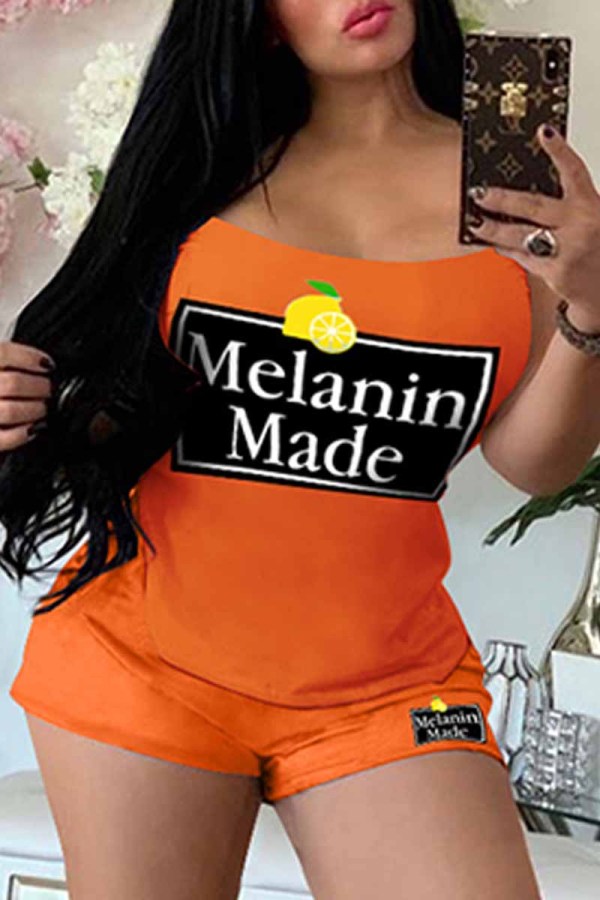 Orange Casual Print Letter Spaghetti Strap Sleeveless Two Pieces
