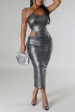 Silver Sexy Solid Hollowed Out Patchwork Frenulum Spaghetti Strap One Step Skirt Dresses