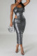 Silver Sexy Solid Hollowed Out Patchwork Frenulum Spaghetti Strap One Step Skirt Dresses