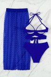 Royal Blue Sexy Solid Hollowed Out Patchwork See-through Backless Swimsuit Three Piece Set (With Paddings)